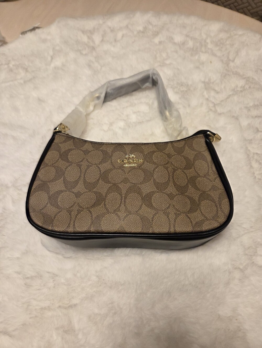 Coach Brown Signature Canvas Shoulder Bag with Black Trim